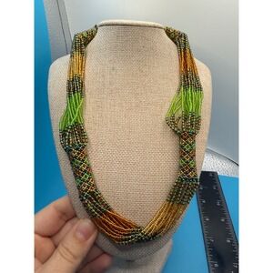 Multi Strand Seed Bead Statement Necklace Green Gold Iridescent Woven Boho 22"